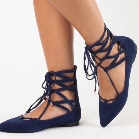 Jeffrey Campbell Navy Atrium Flat | Size 8 | Navy Suede Lace-Up Ballet Flats - Picture 1 of 4